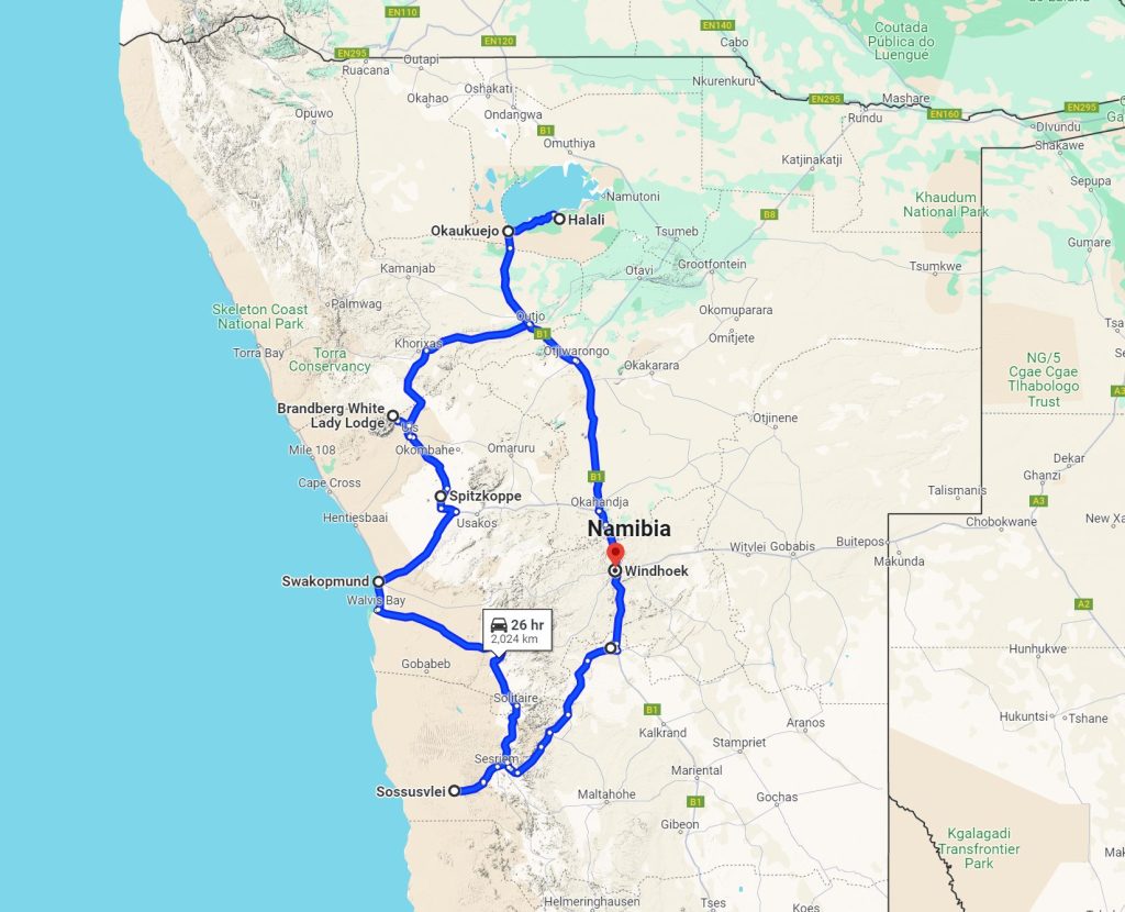 Namibia Family - podglądowa mapa naszej trasy